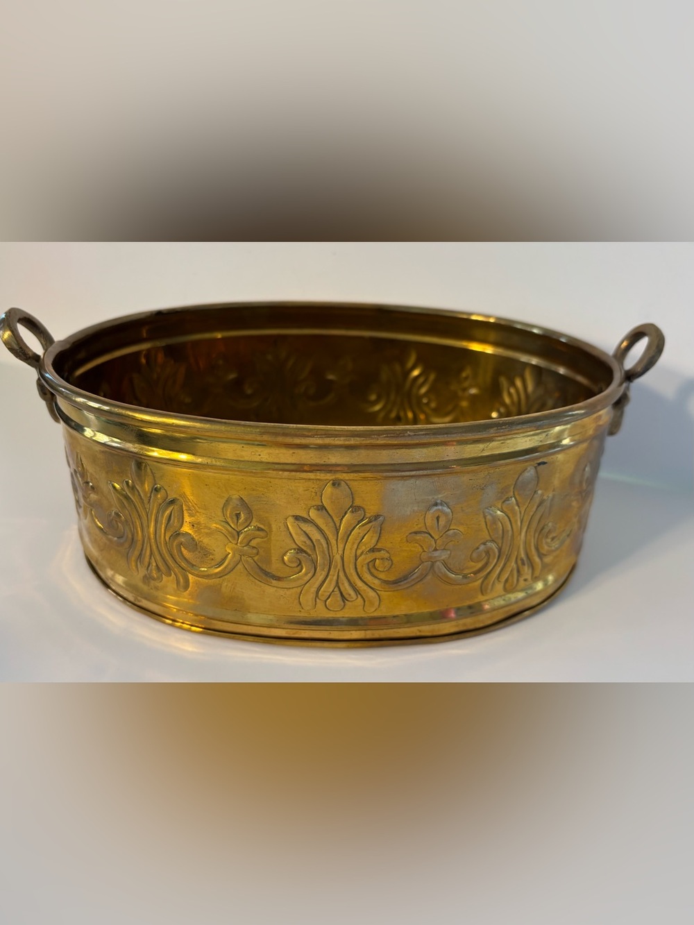 Vintage Oval Brass Planter Cachepot, Embossed Fleur-de-Lis Scroll Motif